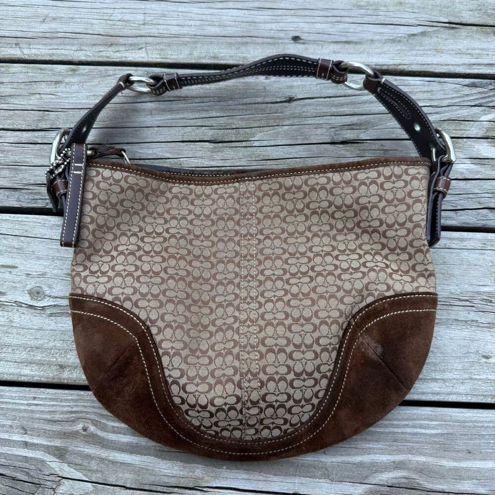 Vintage Coach Signature Jacquard Suede Soho Hobo Shoulder Bag Brown Y2K